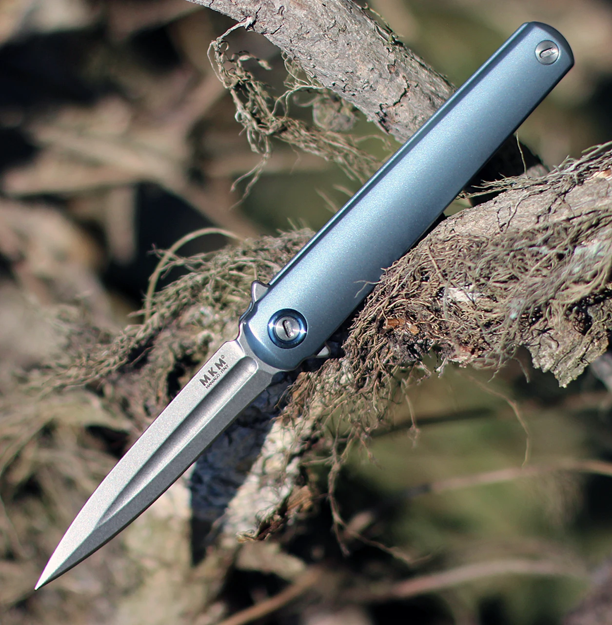 MKM - Maniago Knife Makers, Zieba Flame Flipper, FL02-TBSW, 2.9" Stonewashed Dagger, Blue Titanium, Handle 1 MKM - Maniago Knife Makers, Zieba Flame Flipper, FL02-TBSW, 2.9" Stonewashed Dagger, Blue Titanium, Handle