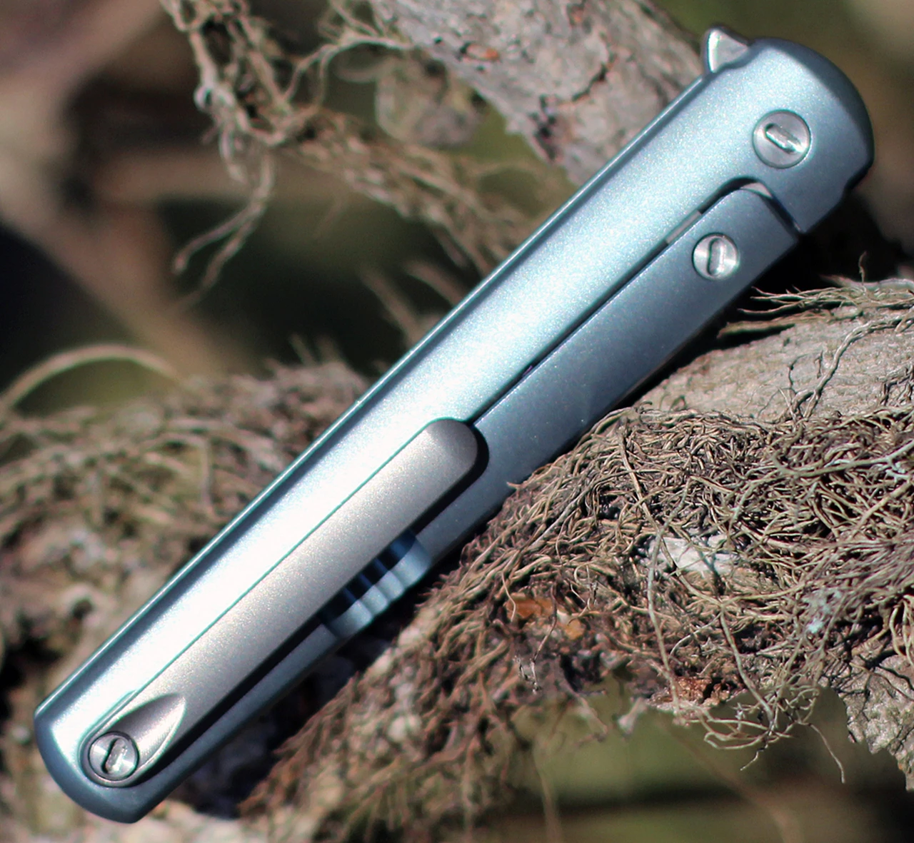 MKM - Maniago Knife Makers, Zieba Flame Flipper, FL01-TBSW, 2.9" Stonewashed Drop Point Blade, Blue Titanium Handle 3 MKM - Maniago Knife Makers, Zieba Flame Flipper, FL01-TBSW, 2.9" Stonewashed Drop Point Blade, Blue Titanium Handle - Image 3