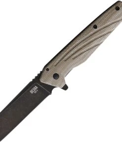 Ontario Knife Co. Bersa 9000, 2.9" AUS-8 Black PVD Stonewashed Cleaver Blade, Tan Linen Micarta & Titanium Handles