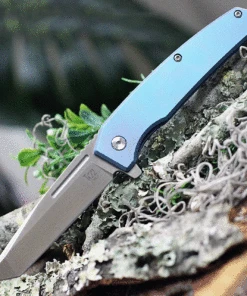 Ontario Knife Co. Ti 22 Ultrablue 9800, 3.03" Satin Stainless Steel Tanto Blade, Blue Iridescent Titanium Handle