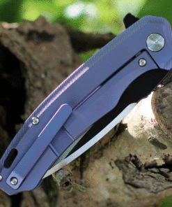 QSP Knife Woodpecker QS116-C II, 3.75" Bohler M390 Two-Tone Black & Satin Drop Point Blade, Blue Titanium Handle -Knifeworks Sales Store QS116 C.2 95234.1624377694