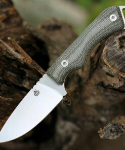 QSP Knife Workaholic Fixed Blade QS124D, 3.5" Bohler N690 Satin Plain Blade, Green Linen Micarta Handle