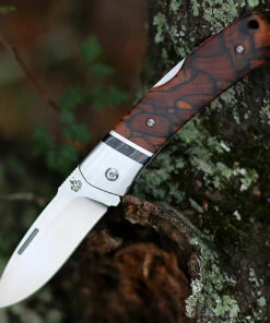 QSP Knife Mustang Lockback QS132, 3.125" M390 Satin Plain Blade, Raffir Stabilized Wood w/Mammoth Molar Inlay Handle