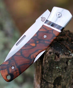 QSP Knife Mustang Lockback QS132, 3.125" M390 Satin Plain Blade, Raffir Stabilized Wood w/Mammoth Molar Inlay Handle -Knifeworks Sales Store QS132.3 41325.1603917938