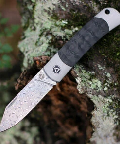 QSP Knife Falcon Slipjoint QS133-A, 3" Damascus Plain blade, Titanium Handle w/ Carbon Fiber Inlay