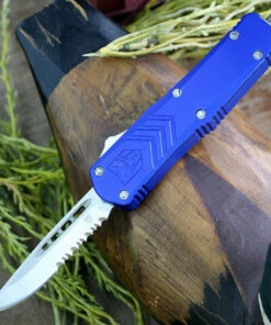CobraTec Blue FS-X OTF Knife CTKSBLUFS-XSDS, 2.75" D2 STeel Drop Point Serrated Blade, Blue Aluminum Handle
