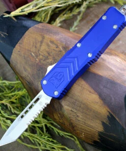 CobraTec Blue FS-X OTF Knife CTKSBLUFS-XSTS, 2.75" D2 STeel Serrated Tanto Blade, Blue Aluminum Handle