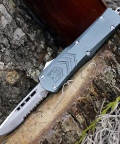 CobraTec Gray FS-X OTF Knife CTKSGRYFS-XSDS, 2.75" D2 Steel Drop Point Part Serrated Blade, Gray Aluminum Handle