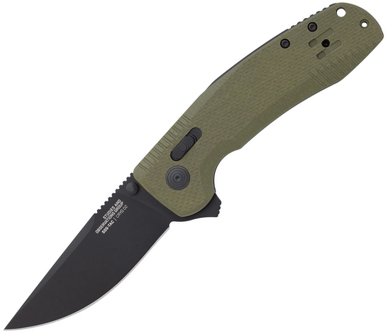 SOG SOG-Tac XR Folding Knife 12-38-02-57, 3.39" D2 Black Drop Point Plain Blade, OD Green G-10 Handle 1 SOG SOG-Tac XR Folding Knife 12-38-02-57, 3.39" D2 Black Drop Point Plain Blade, OD Green G-10 Handle