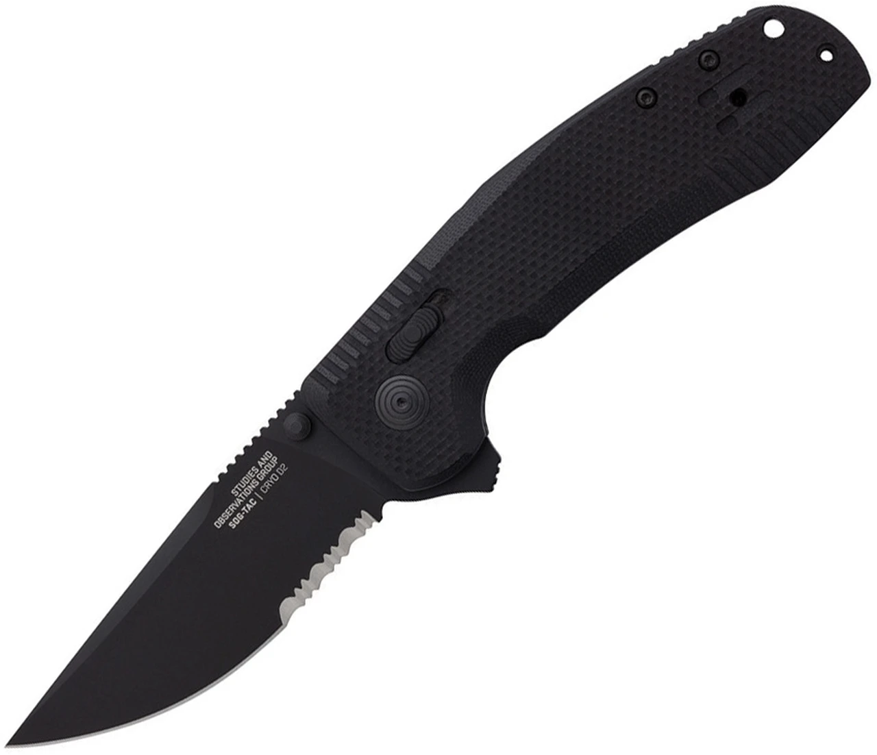 SOG SOG-Tac XR Folding Knife 12-38-03-57, 3.39" D2 Black Drop Point Combo Blade, Black G-10 Handle 1 SOG SOG-Tac XR Folding Knife 12-38-03-57, 3.39" D2 Black Drop Point Combo Blade, Black G-10 Handle