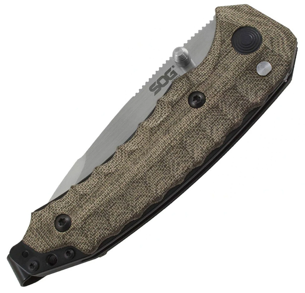 SOG Kiku Assisted Folding Knife KU-3003, 3.5" CPM-S35VN Satin Compound Tanto Plain Blade, Green Linen Micarta Handle 3 SOG Kiku Assisted Folding Knife KU-3003, 3.5" CPM-S35VN Satin Compound Tanto Plain Blade, Green Linen Micarta Handle - Image 3