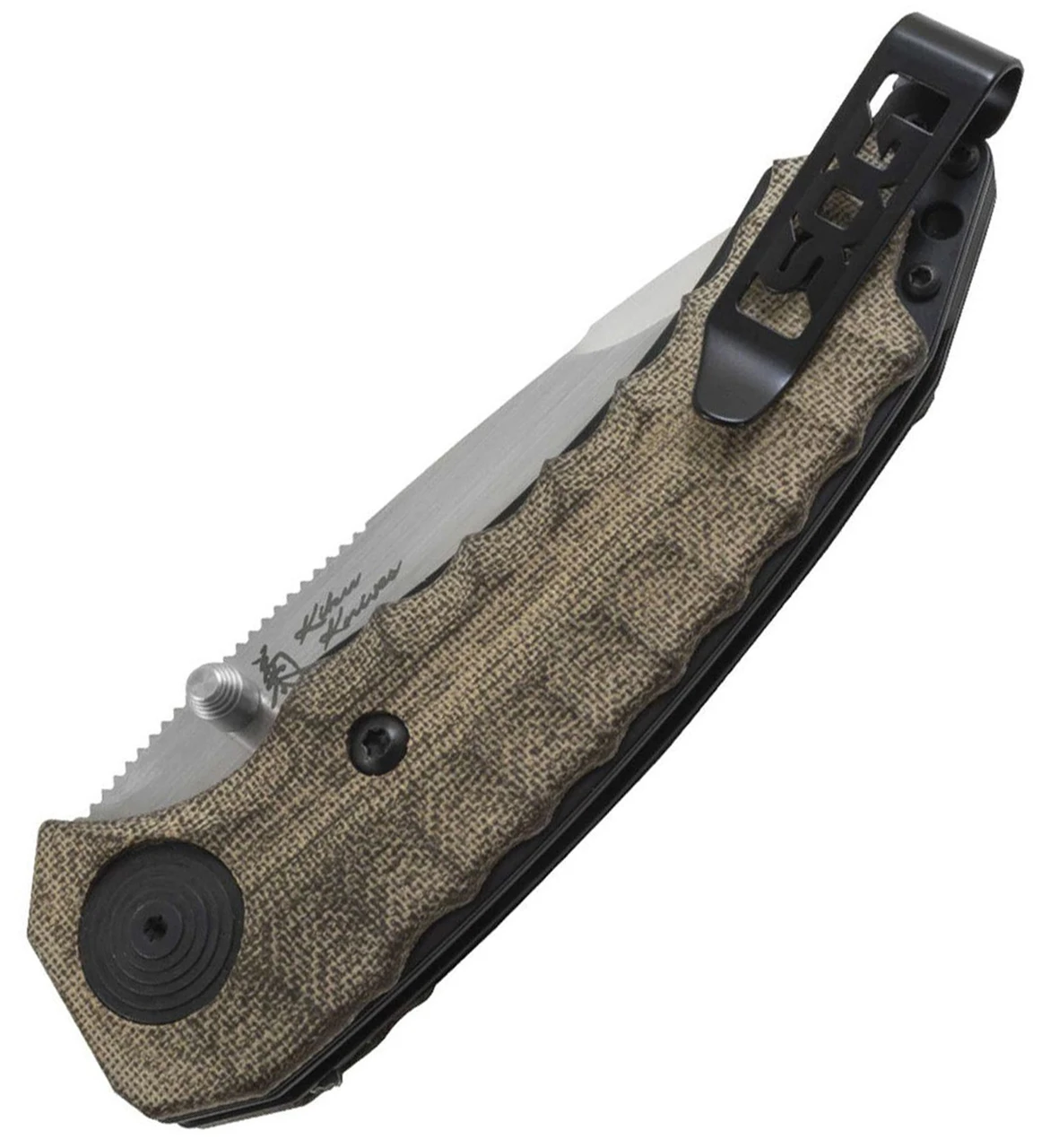 SOG Kiku Assisted Folding Knife KU-3003, 3.5" CPM-S35VN Satin Compound Tanto Plain Blade, Green Linen Micarta Handle 4 SOG Kiku Assisted Folding Knife KU-3003, 3.5" CPM-S35VN Satin Compound Tanto Plain Blade, Green Linen Micarta Handle - Image 4