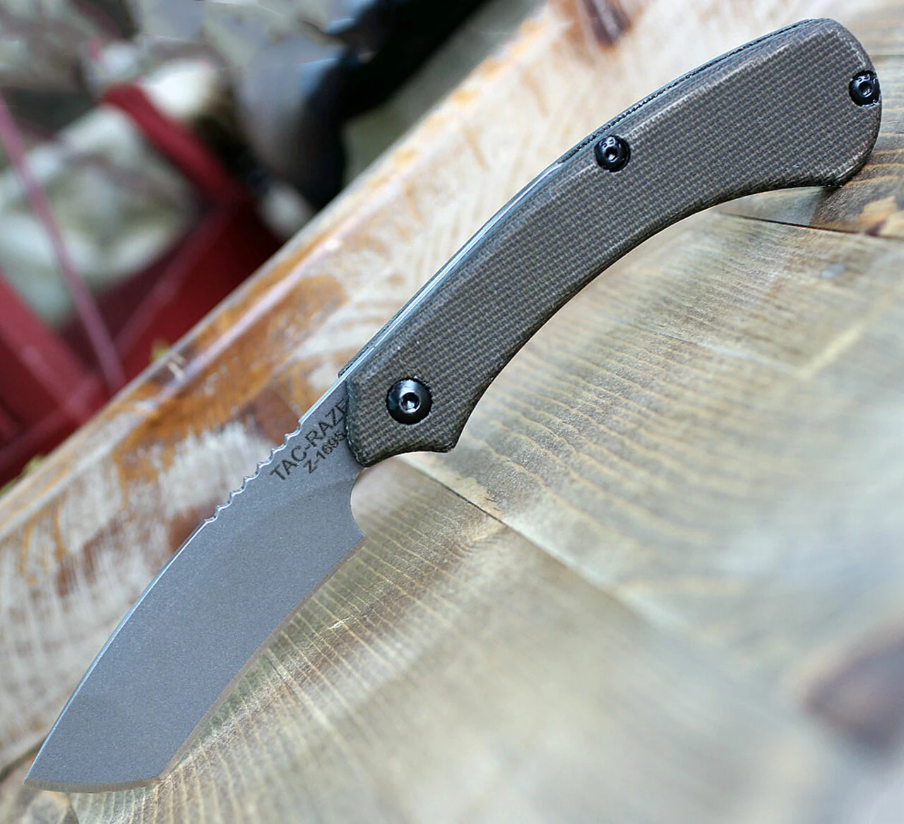 TOPS Knives TRAZ-04 Tac-Raze Friction Folding Knife , 3.13" 1095 Re-curve Tanto, Green Canvas Micarta 1 TOPS Knives TRAZ-04 Tac-Raze Friction Folding Knife , 3.13" 1095 Re-curve Tanto, Green Canvas Micarta