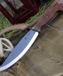 TOPS Earth Skills Knife TPESK01, 8.25" 1095 RC 56-58 Tumble Finish Plain Blade, Tan Canvas Micarta Handle