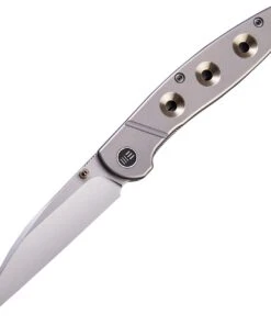 WE Knife Co. Schism 908A, 2.88" CPM-S35VN Stonewashed Plain Blade, Gold and Gray Titanium Handles