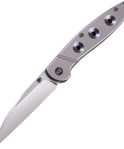 WE Knife Co. Schism 908B, 2.88" CPM-S35VN Stonewashed Plain Blade, Blue and Gray Titanium Handles