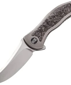 WE Knife Co. Synergy 2 Folding Knife 912CF-A, 3.49" M390 Stonewashed Trailing Point Blade, Gray Integral Titanium Handle w/Shred Carbon Fiber Inlays