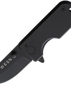 WESN Goods Microblade 2.0 Folding Knife, 1.5" D2 Black Drop Point Plain Blade, Black Titanium Handle