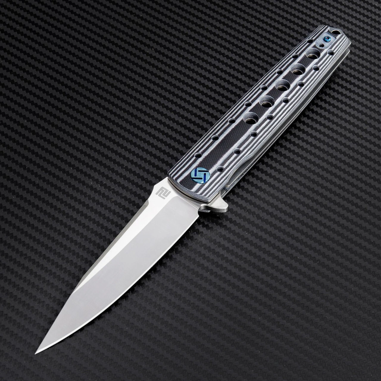 Artisan Cutlery Artisan ATZ1807GBWM Virginia, 3.94" M390 Plain Blade, Black/White G-10 Handle 4 Artisan Cutlery Artisan ATZ1807GBWM Virginia, 3.94" M390 Plain Blade, Black/White G-10 Handle - Image 4