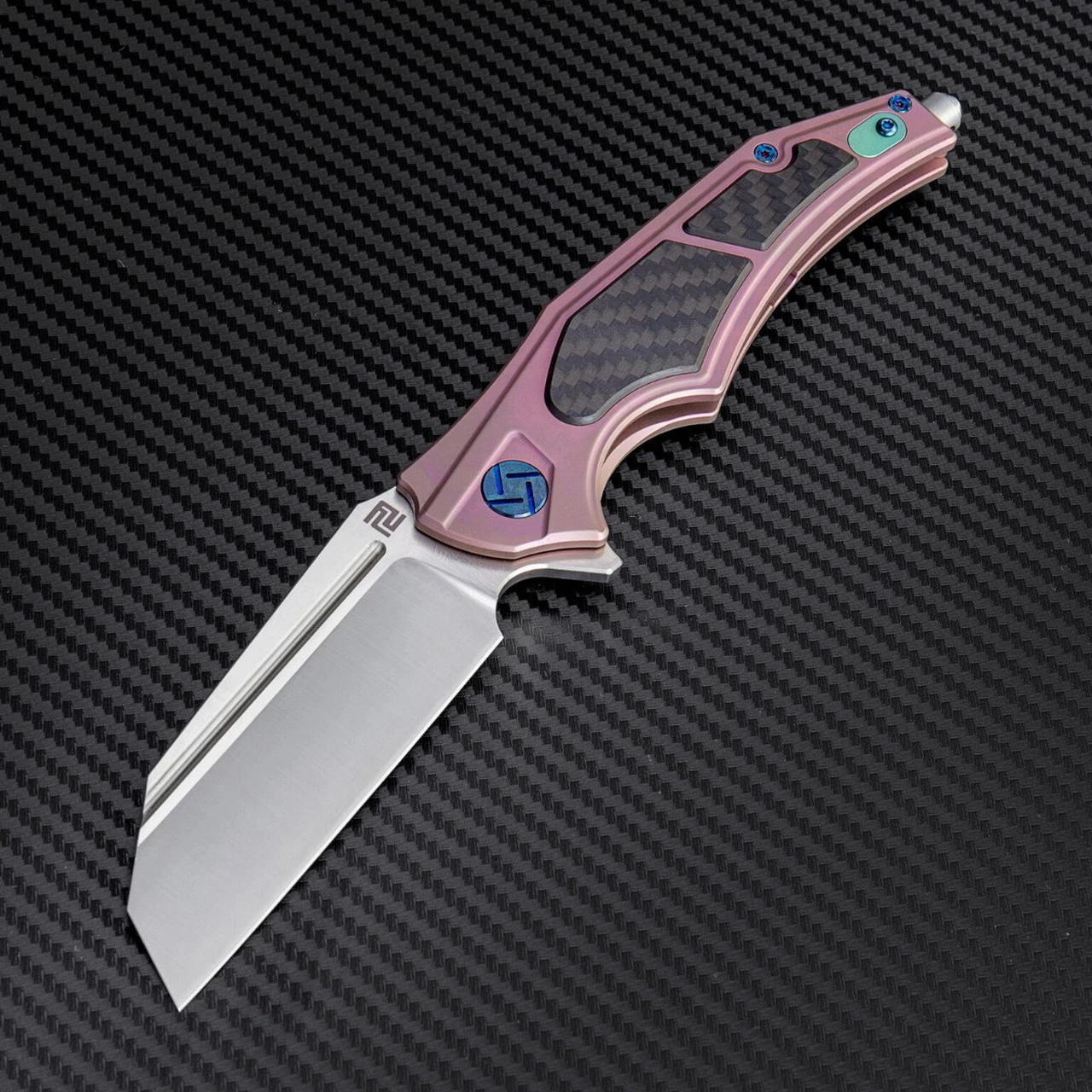 Artisan Cutlery Artisan Apache ATZ1813GRES, 3.82" S35VN Plain Blade, Rose Titanium/Carbon Fiber Handle 4 Artisan Cutlery Artisan Apache ATZ1813GRES, 3.82" S35VN Plain Blade, Rose Titanium/Carbon Fiber Handle - Image 4