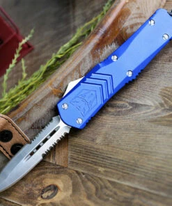 CobraTec Blue FS-X OTF Knife CTKLBLUFS-XLDAG2SS, 3.75" D2 Steel Dagger Double Serrated Blade, Blue Aluminum Handle