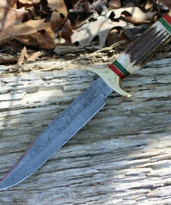 Damascus Blade Knife Damascus 1032 Bowie, 9" Damascus Plain Blade, Stag Handle
