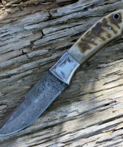 Damascus Blade Knife Damascus 1050RM Hunter, 4" Damascus Plain Blade, Ram's Horn Handle