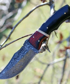 Damascus Blade Knife Damascus 1054 Skinner, 4" Damascus Plain Blade, Black Horn Handle