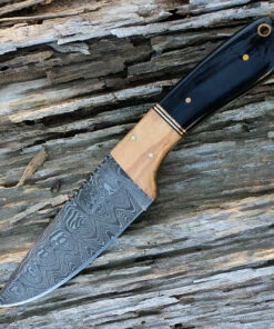 Damascus Blade Knife Damascus 1072 The Wedge Fixed Blade, 4" Damascus Plain Blade, Black Buffalo Horn Handle