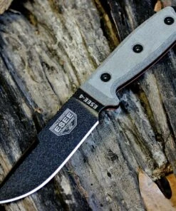 ESEE Knives, 4P-CP-MB, Sharpened Top Edge, Plain Edge, Micarta Handle, Black Molly Back, Black Molded Sheath and Clip Plate