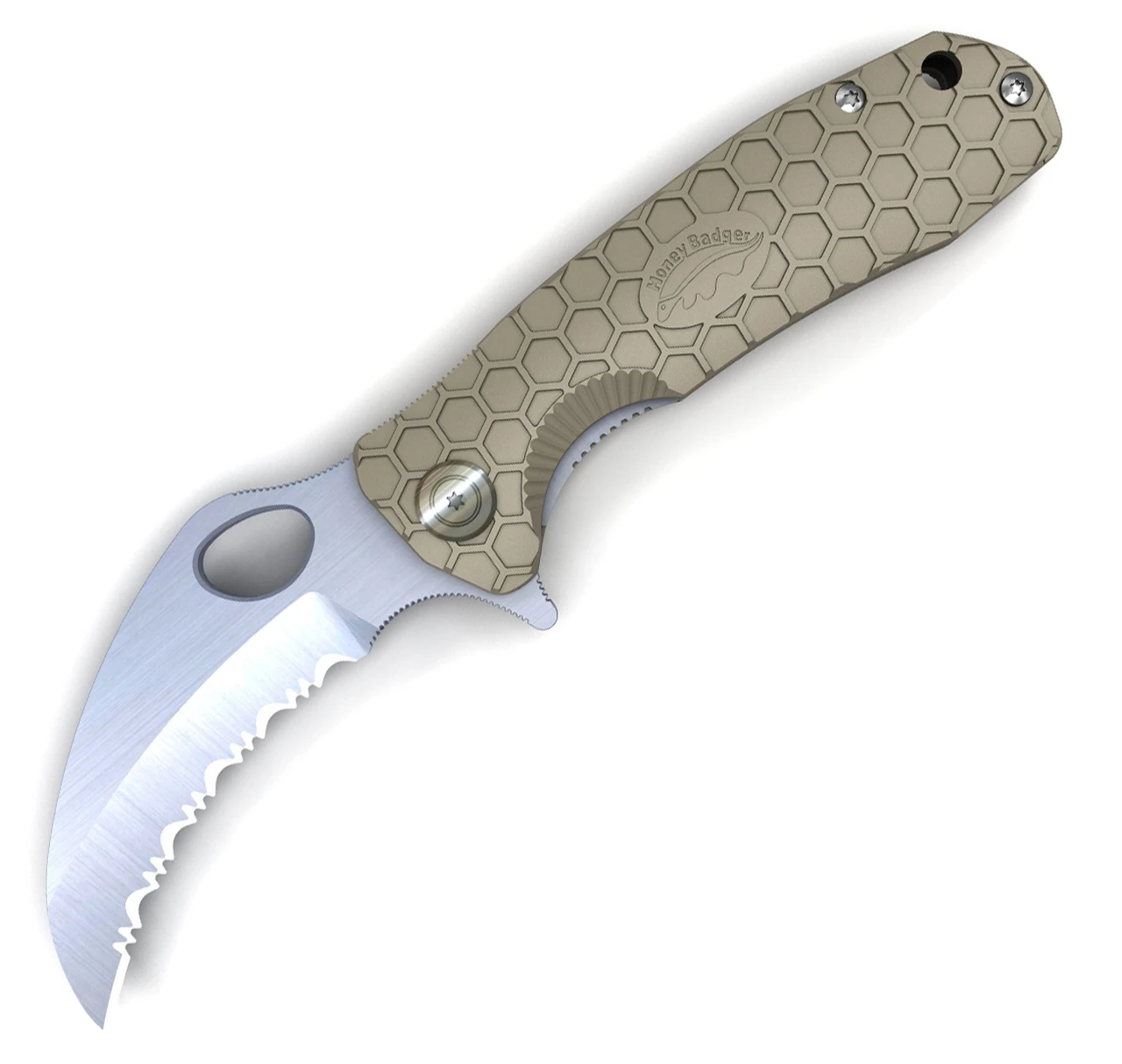 Honey Badger Knives Medium Claw Flipper HB1132, 3.0" 8Cr13Mov Claw Serrated Blade, Tan FRN Handle 1 Honey Badger Knives Medium Claw Flipper HB1132, 3.0" 8Cr13Mov Claw Serrated Blade, Tan FRN Handle