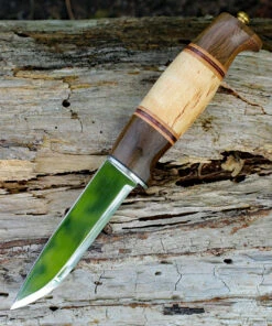 Helle Harding Fixed Blade - Curly Birch, Leather, Darkened Oak (3.9" Triple Laminated Steel Satin) No. 99