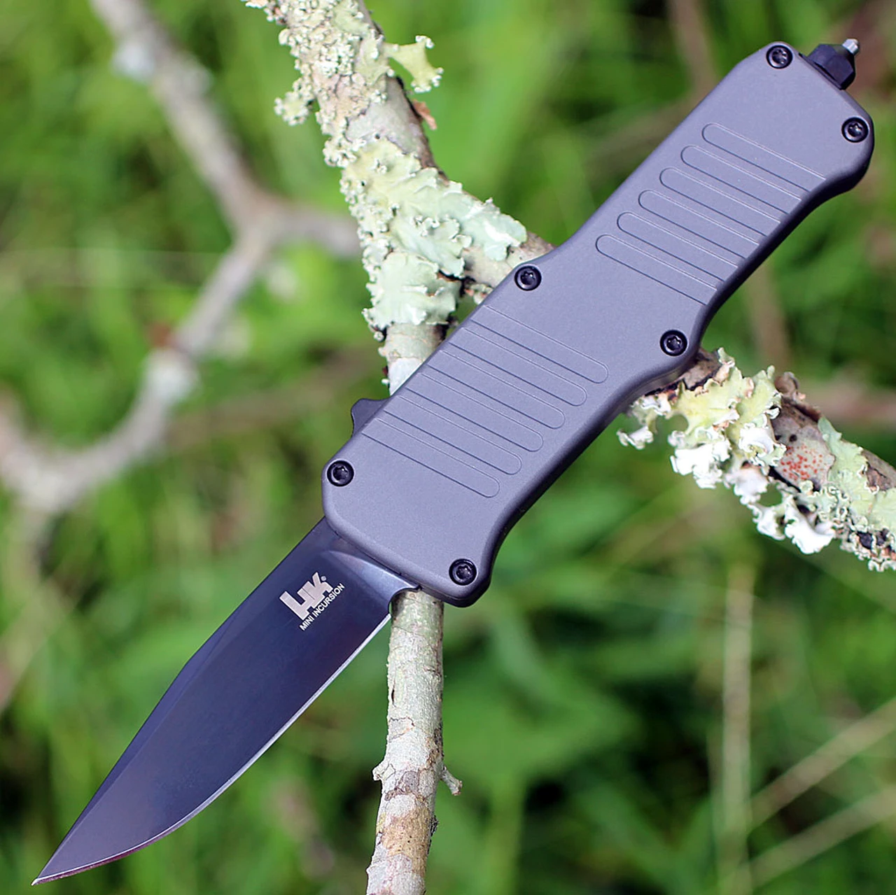 HK Knives HK Mini Incursion OTF Automatic, 2.95" Black PVD Clip Point Blade, Grey Black Aluminum Frame-54052 1 HK Knives HK Mini Incursion OTF Automatic, 2.95" Black PVD Clip Point Blade, Grey Black Aluminum Frame-54052