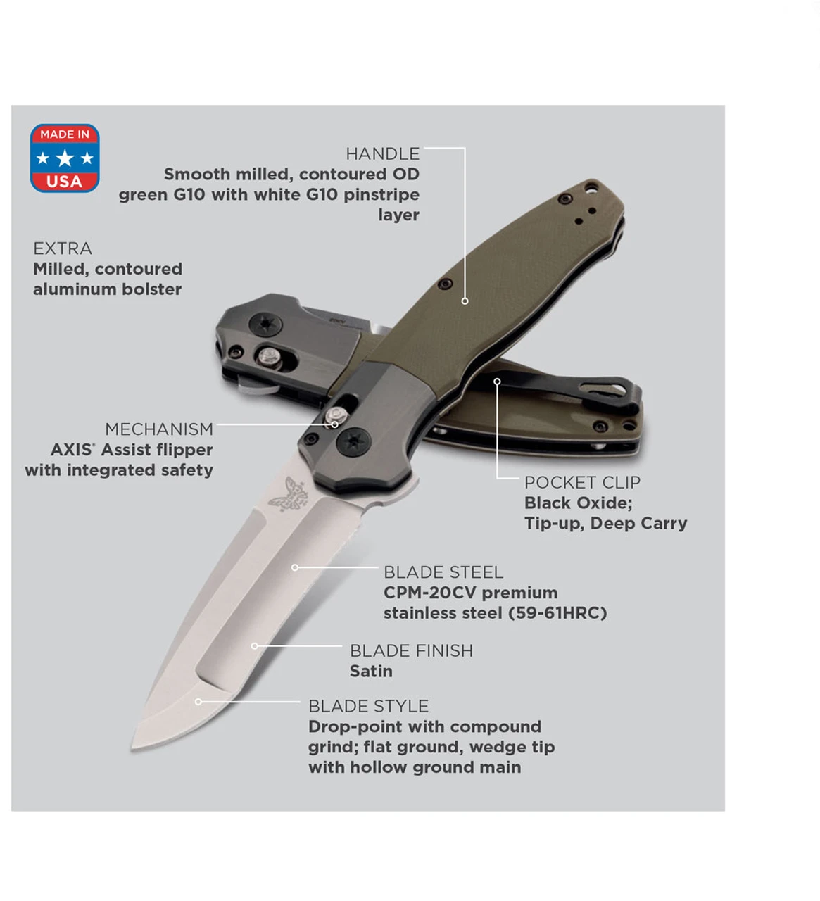 Benchmade Knives Benchmade 496 Vector Assist Flipper, 3.6" CPM-20CV Satin Blade, Contoured OD Green G10 Handle 5 Benchmade Knives Benchmade 496 Vector Assist Flipper, 3.6" CPM-20CV Satin Blade, Contoured OD Green G10 Handle - Image 5