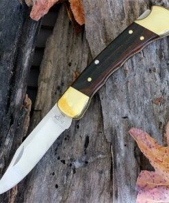 Buck Knives Buck BU110FG Folding Hunter, 3.75" 420HC Plain Blade, Finger Grooved Woodgrain Handle, Leather Sheath