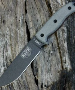 ESEE Knives, 6P-TG Tactical Gray Plain Edge, Rounded Pommel, Linen Micarta Handles, Black Molded Sheath