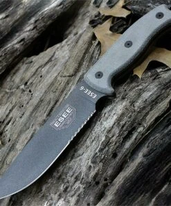 ESEE Knives, 6S-TG Tactical Gray Partially Serrated Edge, Rounded Pommel, Linen Micarta Handles, Black Molded Sheath