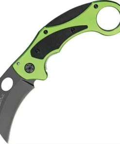 Benchmark Venom Karambit. 2 1/2" black finish stainless curved blade with thumb hole. Neon green aluminum handles.