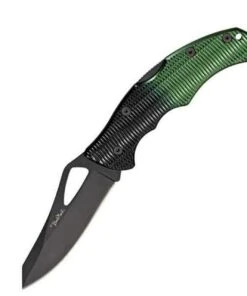 Benchmark Viper II Lockback, 3 3/8" black finish stainless blade with thumb slot. Textured black and green aluminum handles.