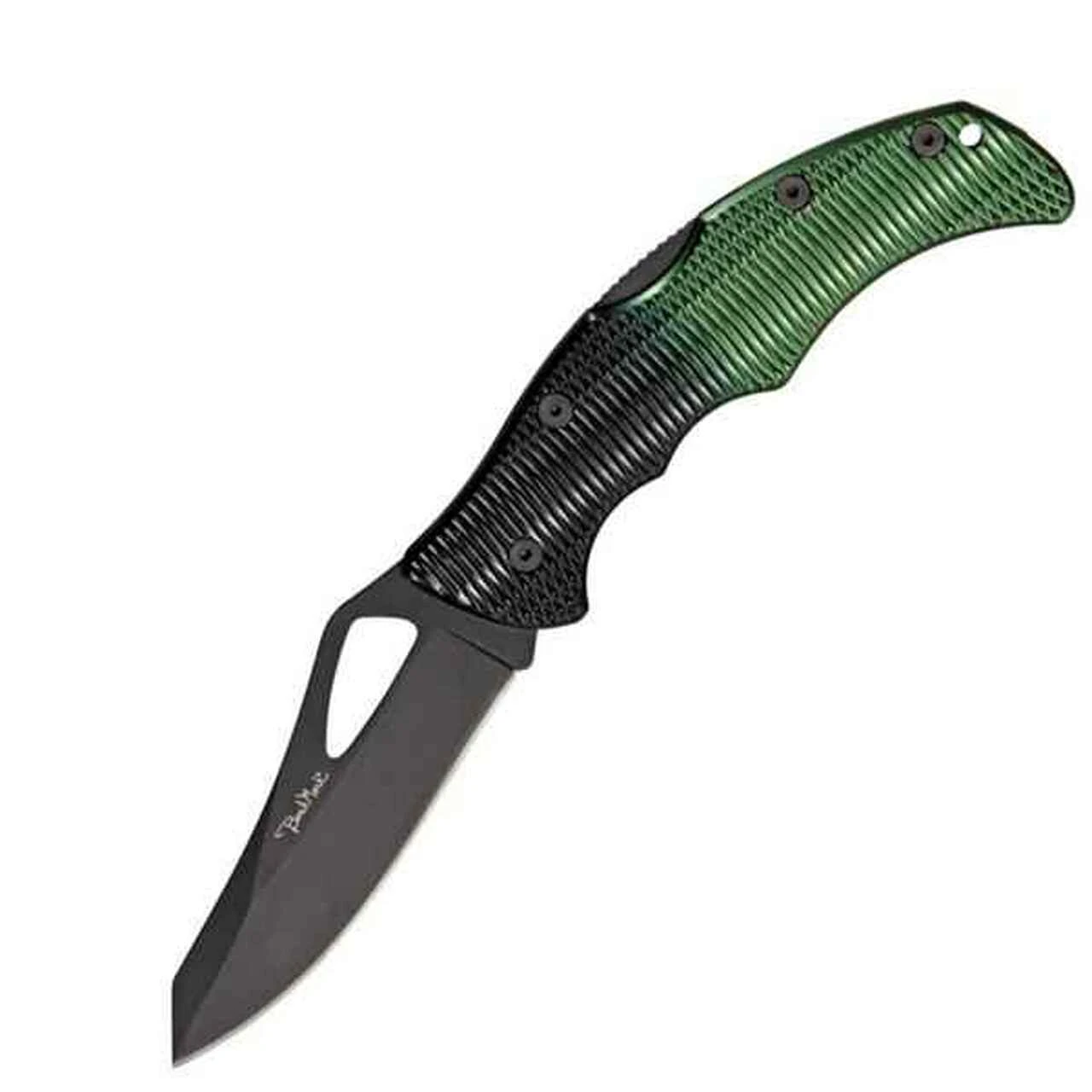 Benchmark Viper II Lockback, 3 3/8" black finish stainless blade with thumb slot. Textured black and green aluminum handles. 1 Benchmark Viper II Lockback, 3 3/8" black finish stainless blade with thumb slot. Textured black and green aluminum handles.