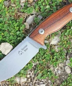 Dendra Knives Dendra Russian Bear Fixed Blade, Stonewashed Niolox Steel, Santos Wood Handle