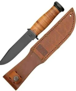 KA-BAR Mark I Fighting / Utility Knife Black Plain Blade, Brown Leather Sheath