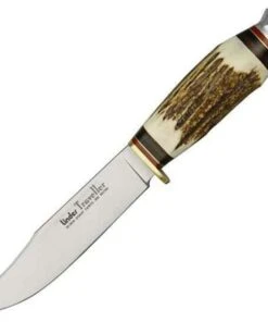 Linder Traveller, 9 1/2" Overall, Genuine Stag Handles, w/ Dark Brown Leather Belt Sheath