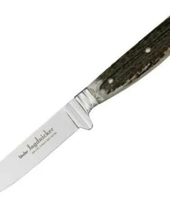 Linder Jagdnicker Classic Hunter,4 1/4" Stainless Blad, Black Leather Covered Scabbard w/ Silver Finish Metal Trim