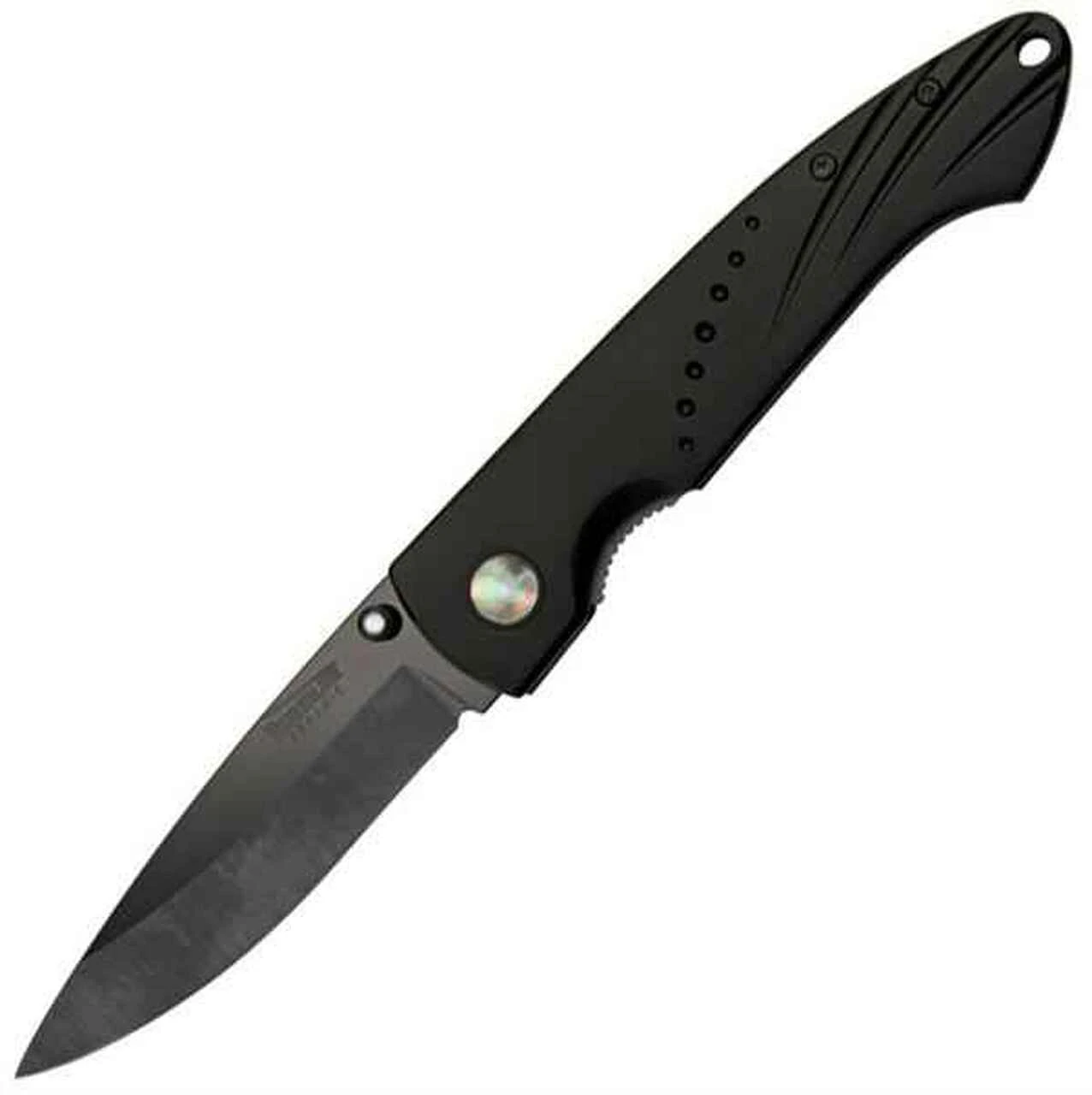 Timberline Linerlock. 4 1/2" Closed, Black Ceramic Blade w/Mother-of-pearl Inlaid Dual Thumb Stud, Black Aluminum Handles 1 Timberline Linerlock. 4 1/2" Closed, Black Ceramic Blade w/Mother-of-pearl Inlaid Dual Thumb Stud, Black Aluminum Handles