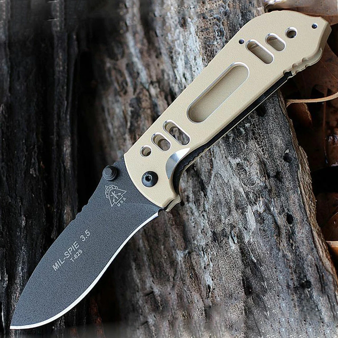 TOPS MIL-SPIE 3.5, 3.5" N690Co Plain Blade, Coyote Tan Aluminum Handle 1 1 TOPS MIL-SPIE 3.5, 3.5" N690Co Plain Blade, Coyote Tan Aluminum Handle 1