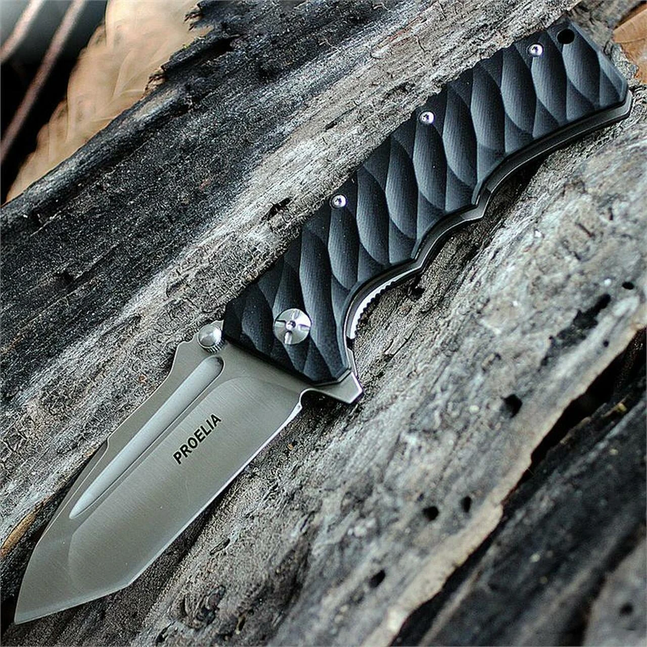 Proelia Knives Tactical Folder 4" Satin D2 Tanto Blade, Black G10 Handles 1 Proelia Knives Tactical Folder 4" Satin D2 Tanto Blade, Black G10 Handles