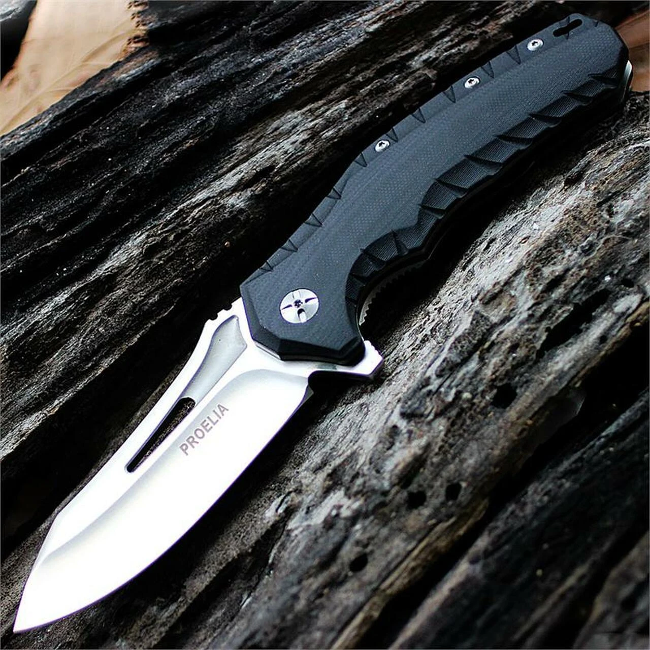 Proelia Knives Tactical Folder 4" Satin D2 Drop Point Blade, Black G10 Handles 1 Proelia Knives Tactical Folder 4" Satin D2 Drop Point Blade, Black G10 Handles