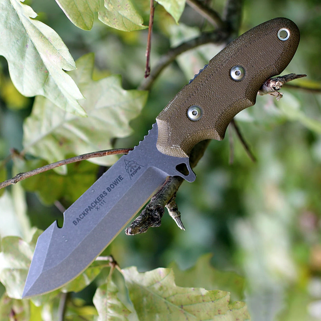 TOPS Backpacker's Bowie Knife BPB-01, 4.50" 1095 Carbon Steel Blade, Green Canvas Micarta Handle 1 TOPS Backpacker's Bowie Knife BPB-01, 4.50" 1095 Carbon Steel Blade, Green Canvas Micarta Handle