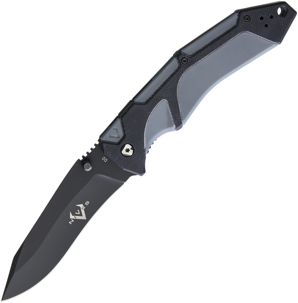 V Nives 30169 Fractal Assist, 3.6" Black D2 Plain Blade, Black G-10 Gray FRN Inlay Handle 1 V Nives 30169 Fractal Assist, 3.6" Black D2 Plain Blade, Black G-10 Gray FRN Inlay Handle